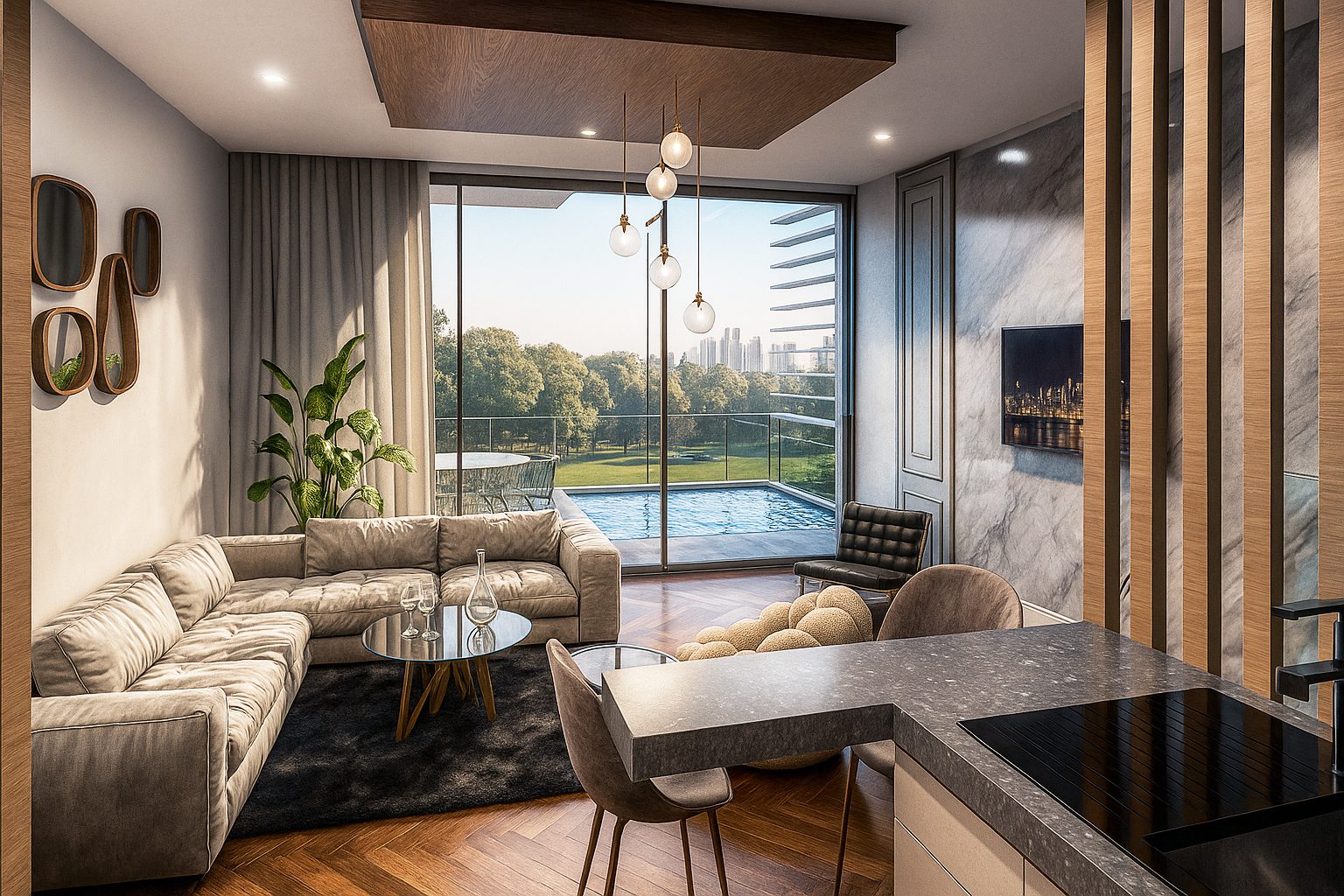 Perspective du projet Löftéa, appartements avec piscine au quartier Oasis