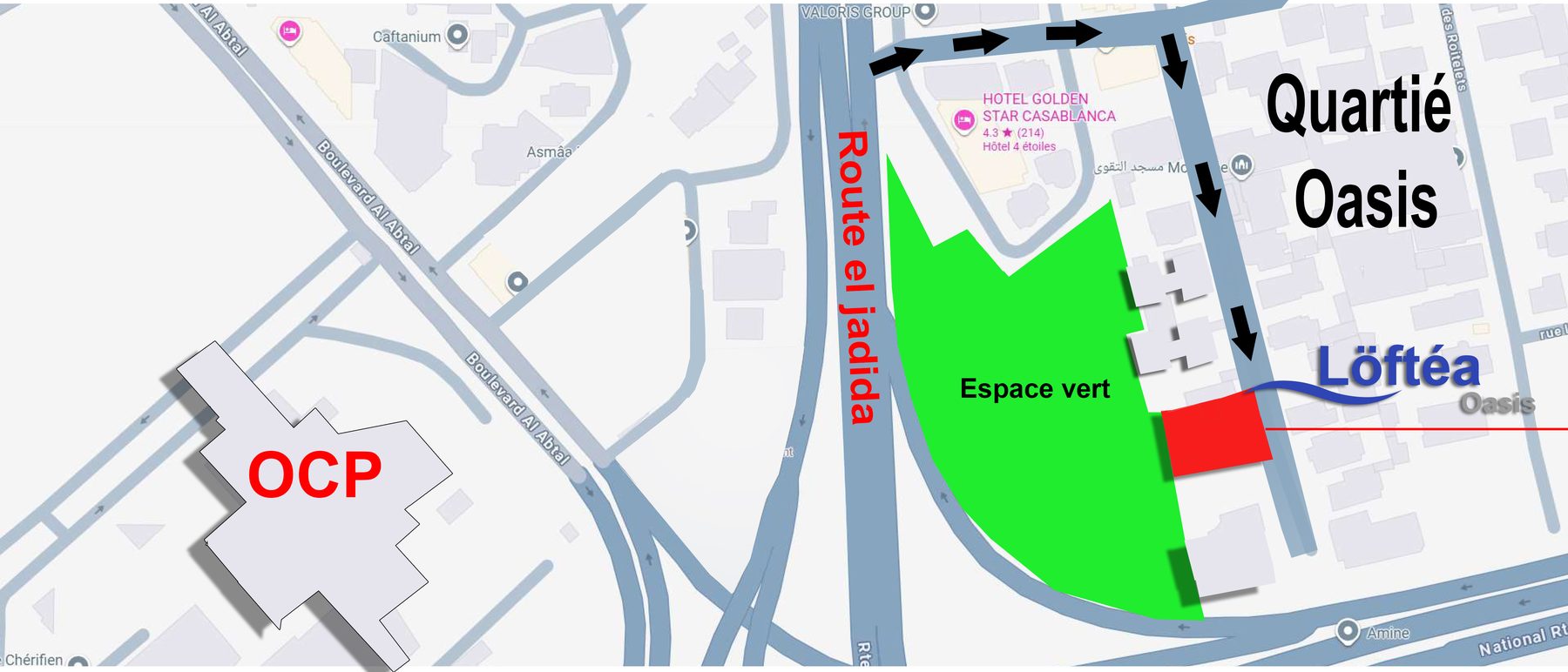 Plan de situation de Löftéa, route El Jadida, quartier Oasis, Casablanca